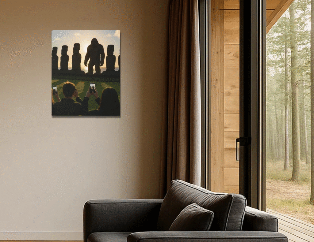 retroraradiselivingroommoaimockup retroraradiselivingroommoaimockup image of modern living room with beautiful, unique gallery art depicting Easter Island moai statues and Bigfoot hiding in the lineup in plain sight.