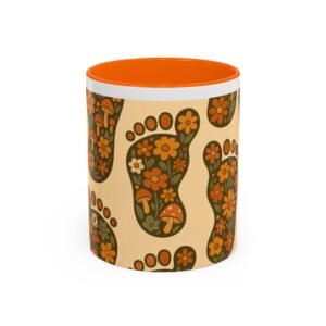 retro floral bigfoot mug (11 oz) sasquatch coffee cup, groovy footprint pattern, 70s hippie aesthetic bigfoot gift