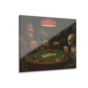 cryptids playing poker acrylic wall art | fine art gallery quality bigfoot poker scene | conversation starter for man cave or game room