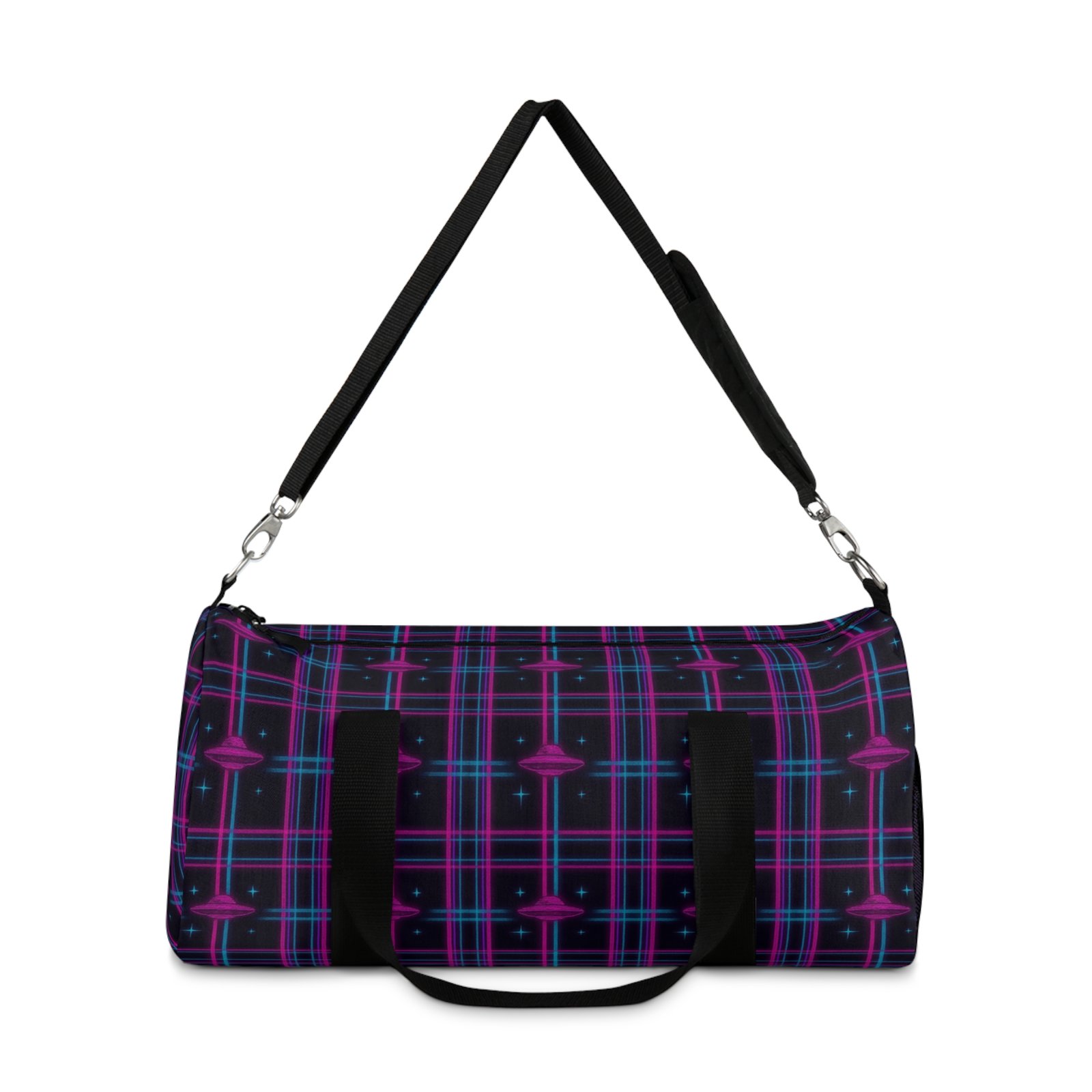 ufo plaid adventure duffel | 'u.f.glow' black, blue & magenta extraterrestrial travel bag | 2 sizes ufo plaid adventure duffel | 'u.f.glow' black, blue & magenta extraterrestrial travel bag | 2 sizes