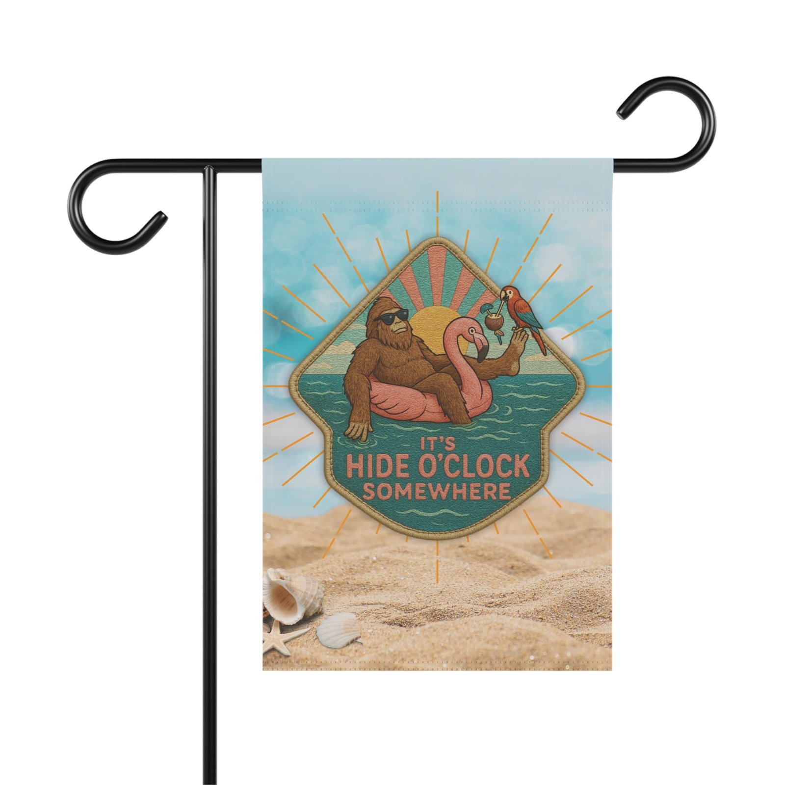 hide oclock somewhere bigfoot tropical beach garden flag 12' x 18', double sided (flag only) hide oclock somewhere bigfoot tropical beach garden flag 12' x 18', double sided (flag only)