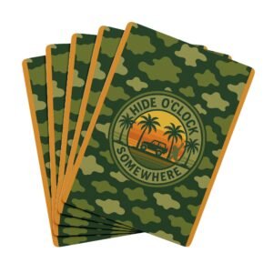 jeep + bigfoot hide & sunset somewhere camo playing cards deck with peace sign | green camo poker night cards