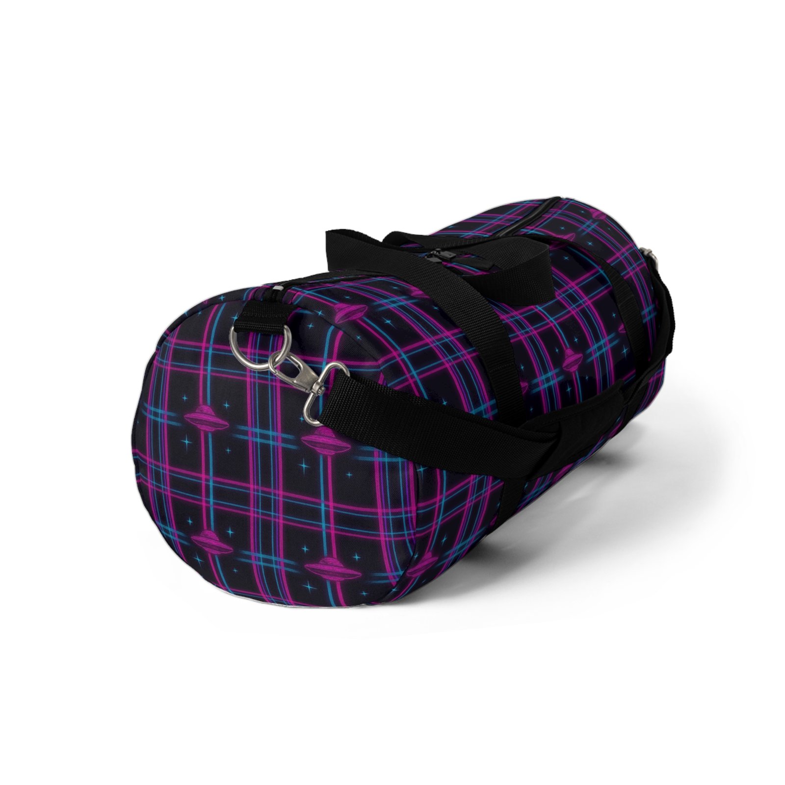 ufo plaid adventure duffel | 'u.f.glow' black, blue & magenta extraterrestrial travel bag | 2 sizes ufo plaid adventure duffel | 'u.f.glow' black, blue & magenta extraterrestrial travel bag | 2 sizes