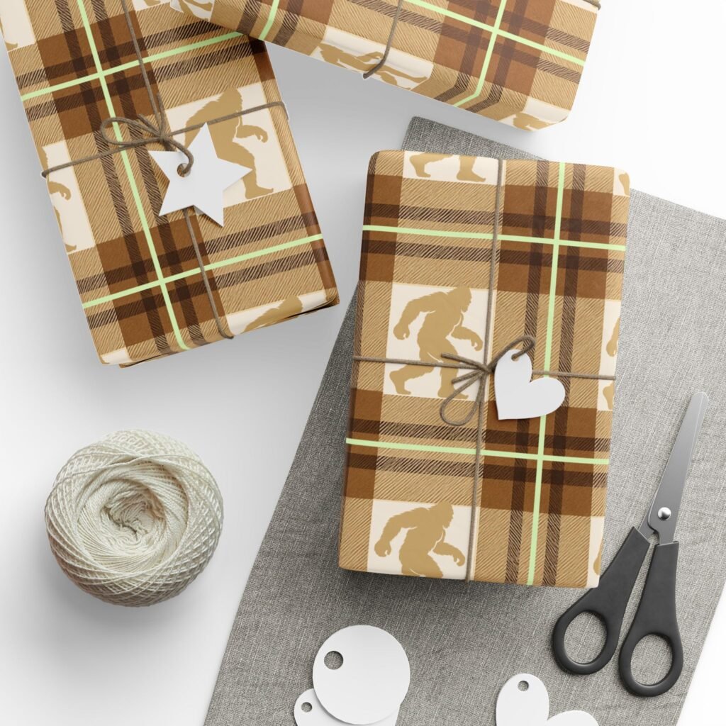 bigfoot plaid wrapping paper: 'swamp gas glow' legendary sasquatch gift wrap