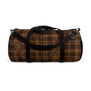premium duffle bag brown & tan 'og plaid' bigfoot silhouette bag | timeless sasquatch travel gear in 2 sizes