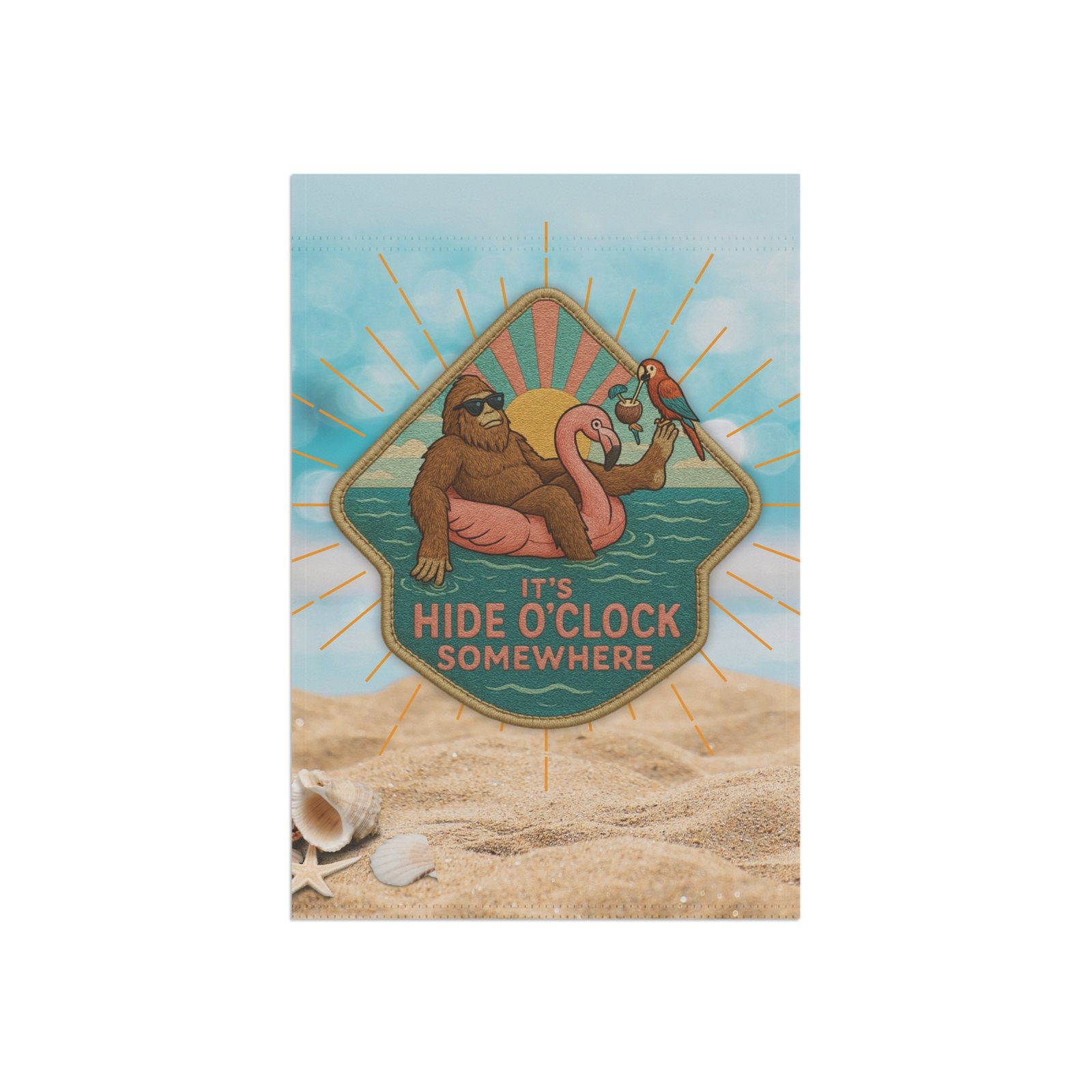 hide oclock somewhere bigfoot tropical beach garden flag 12' x 18', double sided (flag only) hide oclock somewhere bigfoot tropical beach garden flag 12' x 18', double sided (flag only)