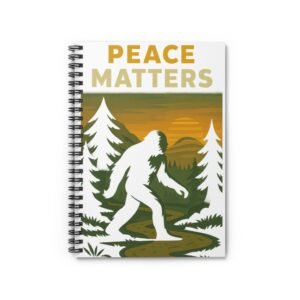 peace matters bigfoot journal, retro pnw forest aesthetic spiral notebook for nature lovers, campers and sasquatch fans
