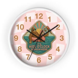 hide oclock flamingo float wall clock | groovy pink checkerboard bigfoot clock with parrot & margarita | retro camper beach house home décor