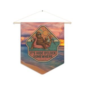 hide oclock somewhere sunset patch pennant | tropical jeep & bigfoot décor | retro cryptid wall hanging with wooden dowel