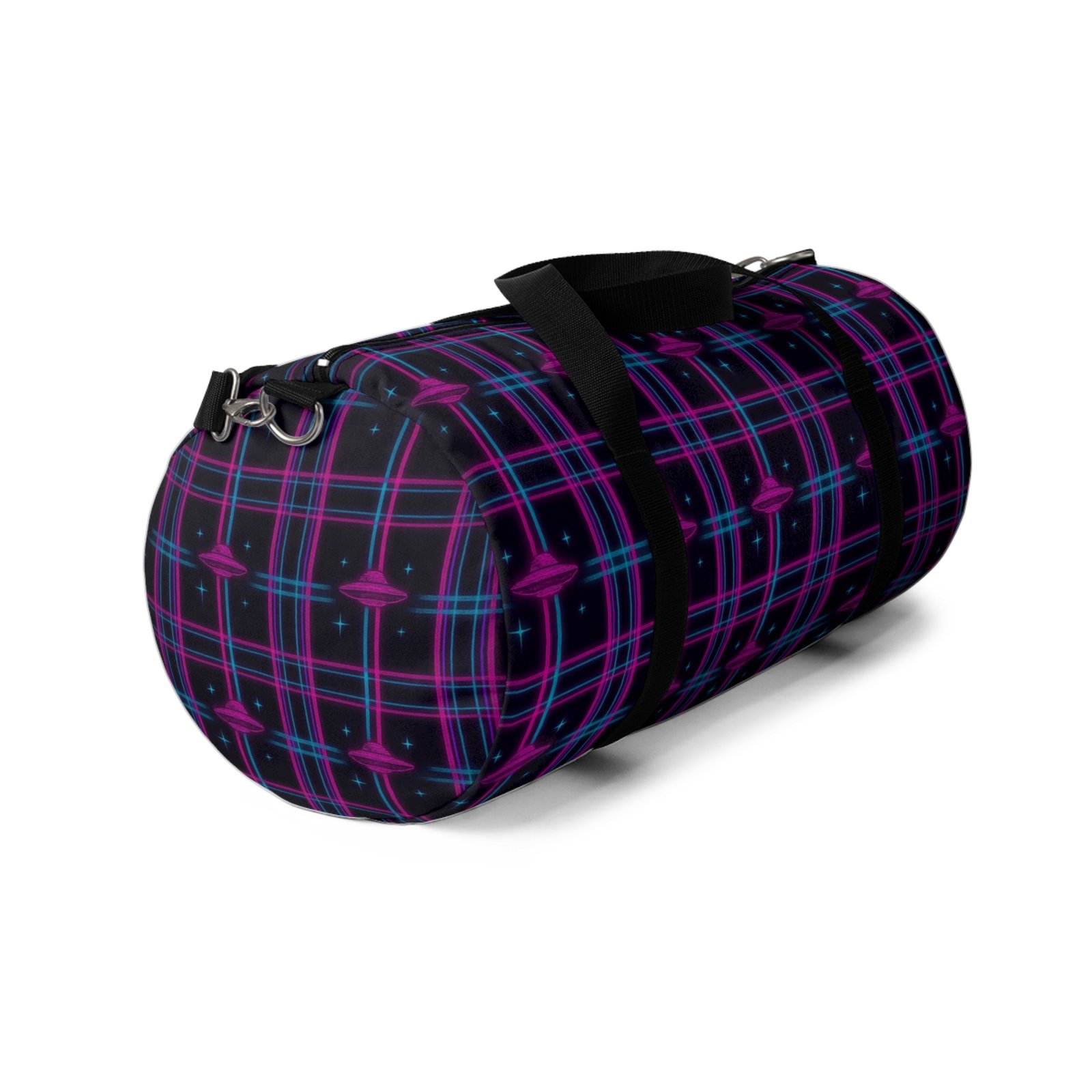 ufo plaid adventure duffel | 'u.f.glow' black, blue & magenta extraterrestrial travel bag | 2 sizes ufo plaid adventure duffel | 'u.f.glow' black, blue & magenta extraterrestrial travel bag | 2 sizes
