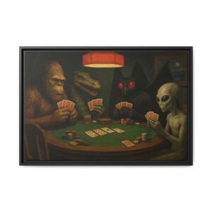 Home cryptids playing poker framed canvas art | bigfoot & friends poker night wall décor | black or espresso frame | multiple sizes | christmas