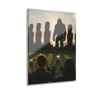 Home bigfoot × easter island moai acrylic wall art | hiding in plain sight silhouette photo print | cryptid mystery acrylic gallery piece