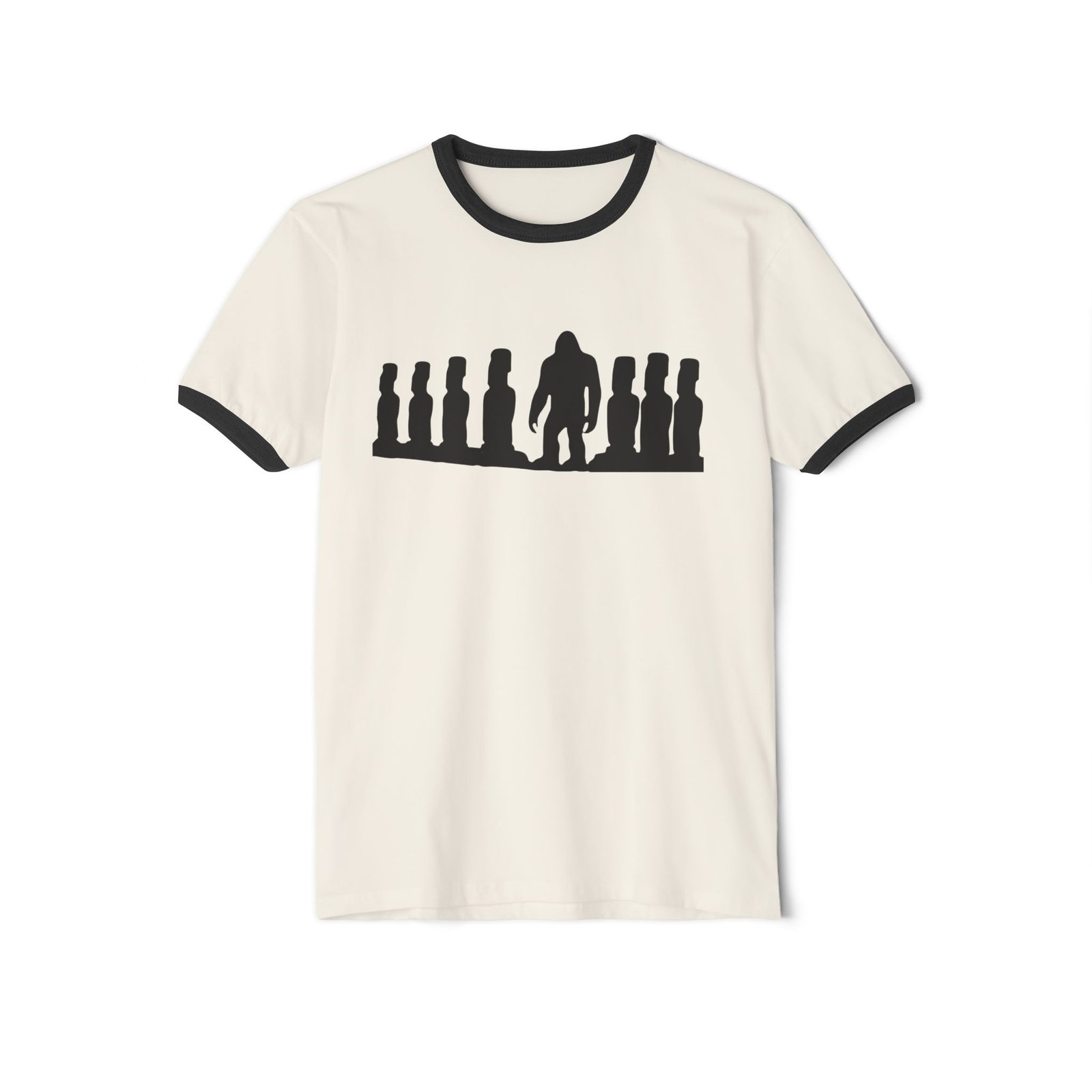bigfoot x moai silhouette ringer tee | its hide oclock retro cryptid shirt | unisex classic fit with contrast collar | 3 colors available bigfoot x moai silhouette ringer tee | its hide oclock retro cryptid shirt | unisex classic fit with contrast collar | 3 colors available