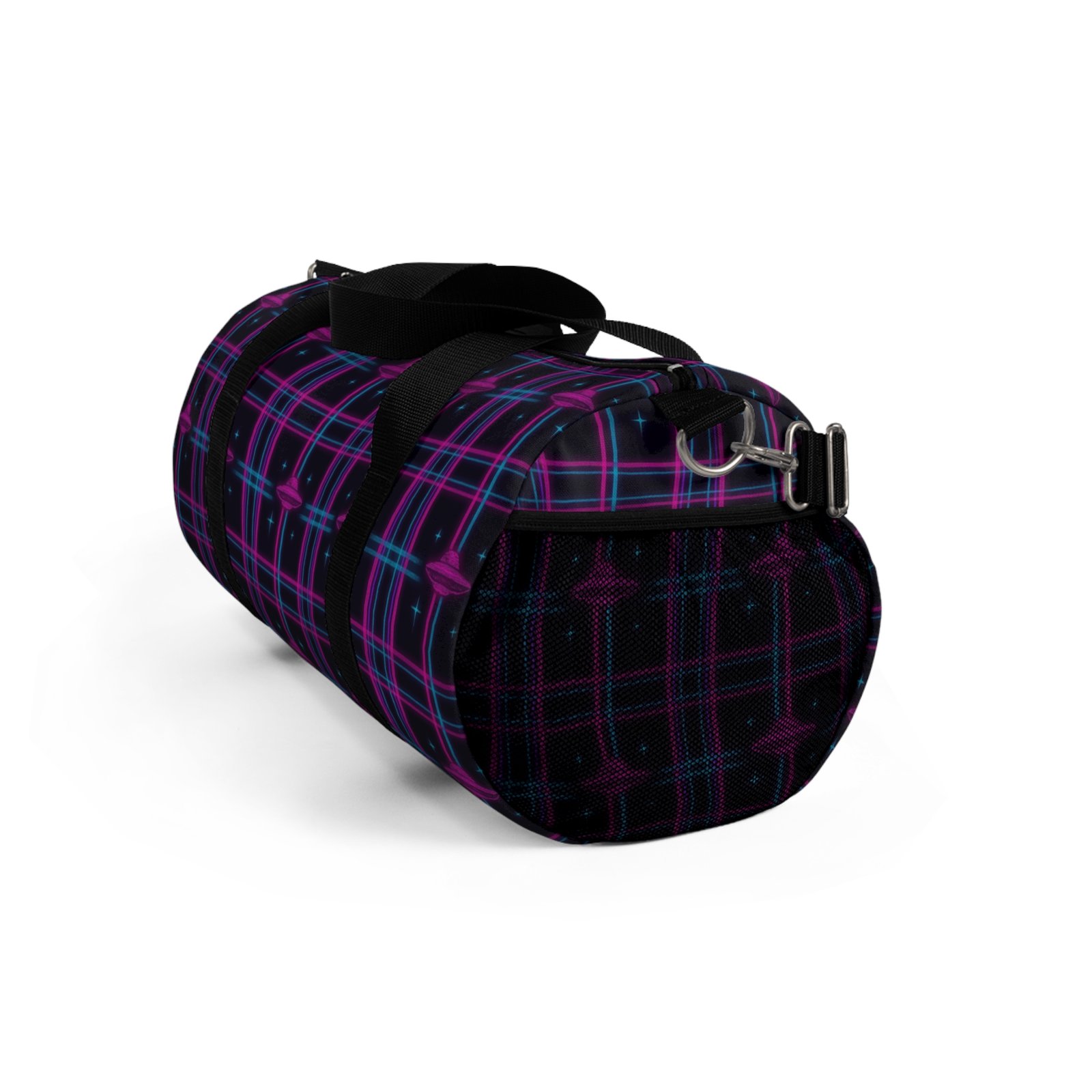 ufo plaid adventure duffel | 'u.f.glow' black, blue & magenta extraterrestrial travel bag | 2 sizes ufo plaid adventure duffel | 'u.f.glow' black, blue & magenta extraterrestrial travel bag | 2 sizes