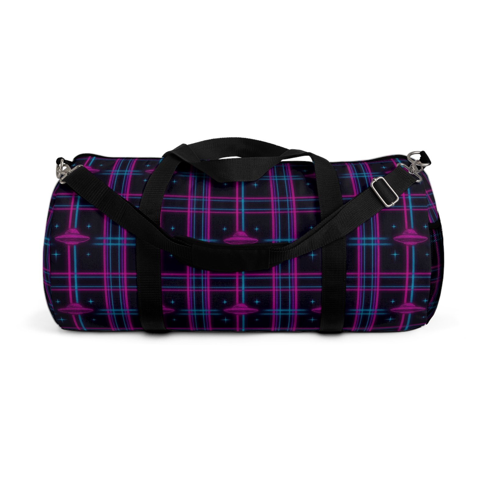 ufo plaid adventure duffel | 'u.f.glow' black, blue & magenta extraterrestrial travel bag | 2 sizes ufo plaid adventure duffel | 'u.f.glow' black, blue & magenta extraterrestrial travel bag | 2 sizes