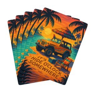 jeep x hide oclock somewhere playing cards | sunset on the beach jeep deck with parrot | tropical coastal poker night cards