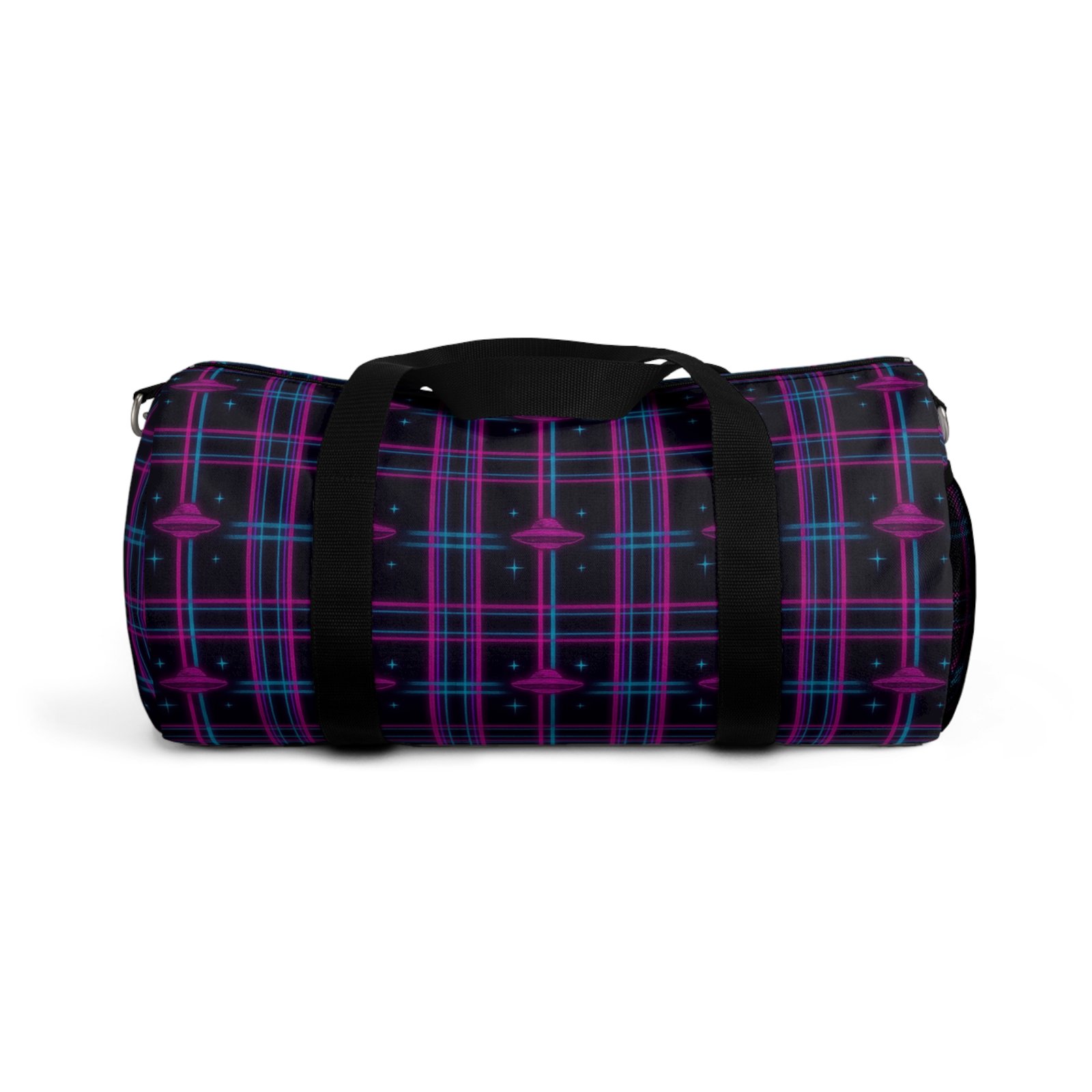ufo plaid adventure duffel | 'u.f.glow' black, blue & magenta extraterrestrial travel bag | 2 sizes ufo plaid adventure duffel | 'u.f.glow' black, blue & magenta extraterrestrial travel bag | 2 sizes