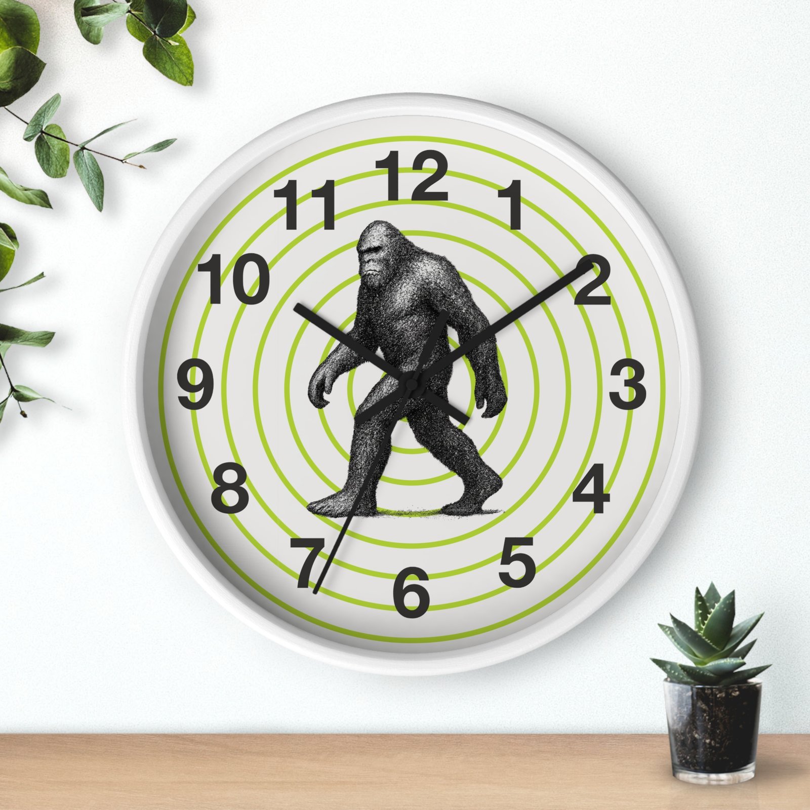 pointillism bigfoot wall clock | artistic sasquatch clock with green concentric circles | modern conversation starter home décor pointillism bigfoot wall clock | artistic sasquatch clock with green concentric circles | modern conversation starter home décor