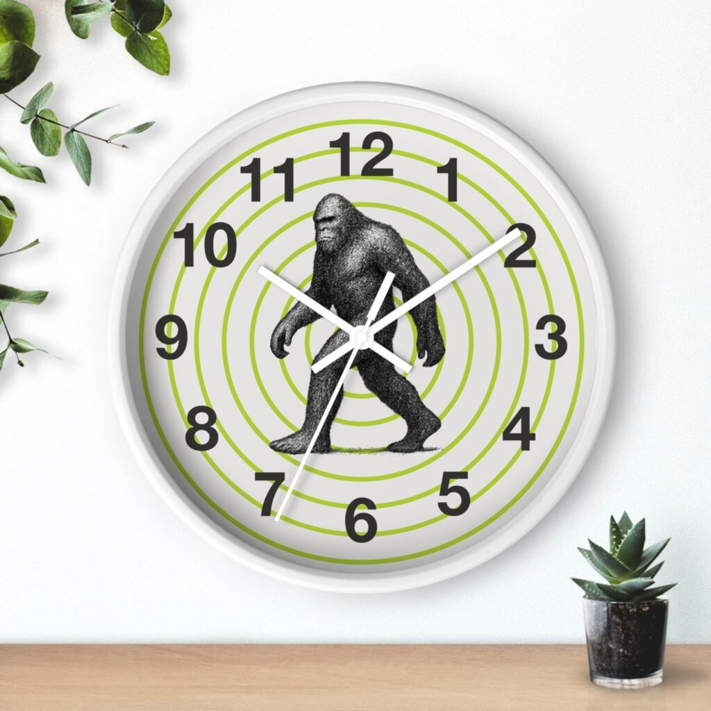pointillism bigfoot wall clock | artistic sasquatch clock with green concentric circles | modern conversation starter home décor
