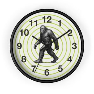 pointillism bigfoot wall clock | artistic sasquatch clock with green concentric circles | modern conversation starter home décor