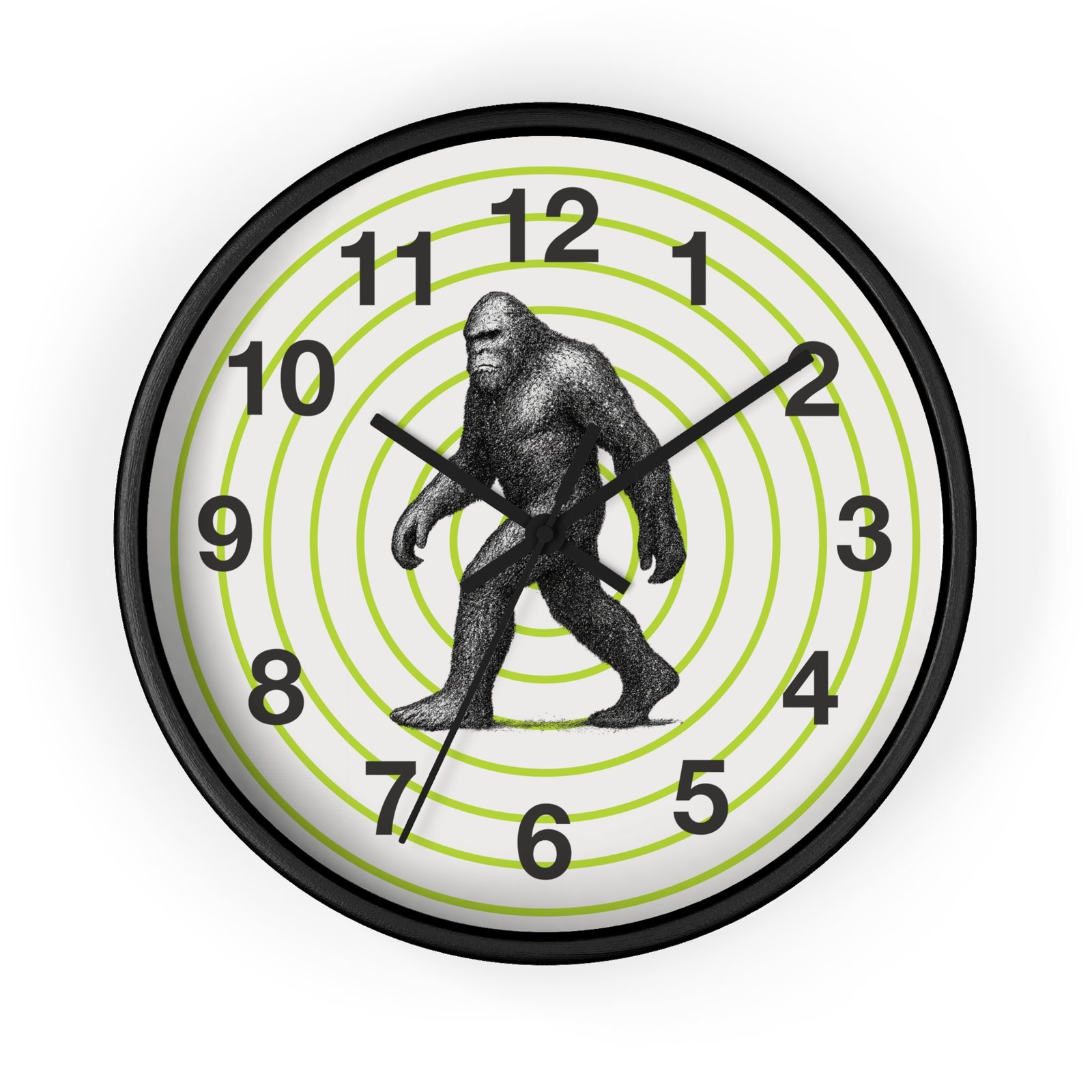 pointillism bigfoot wall clock | artistic sasquatch clock with green concentric circles | modern conversation starter home décor pointillism bigfoot wall clock | artistic sasquatch clock with green concentric circles | modern conversation starter home décor