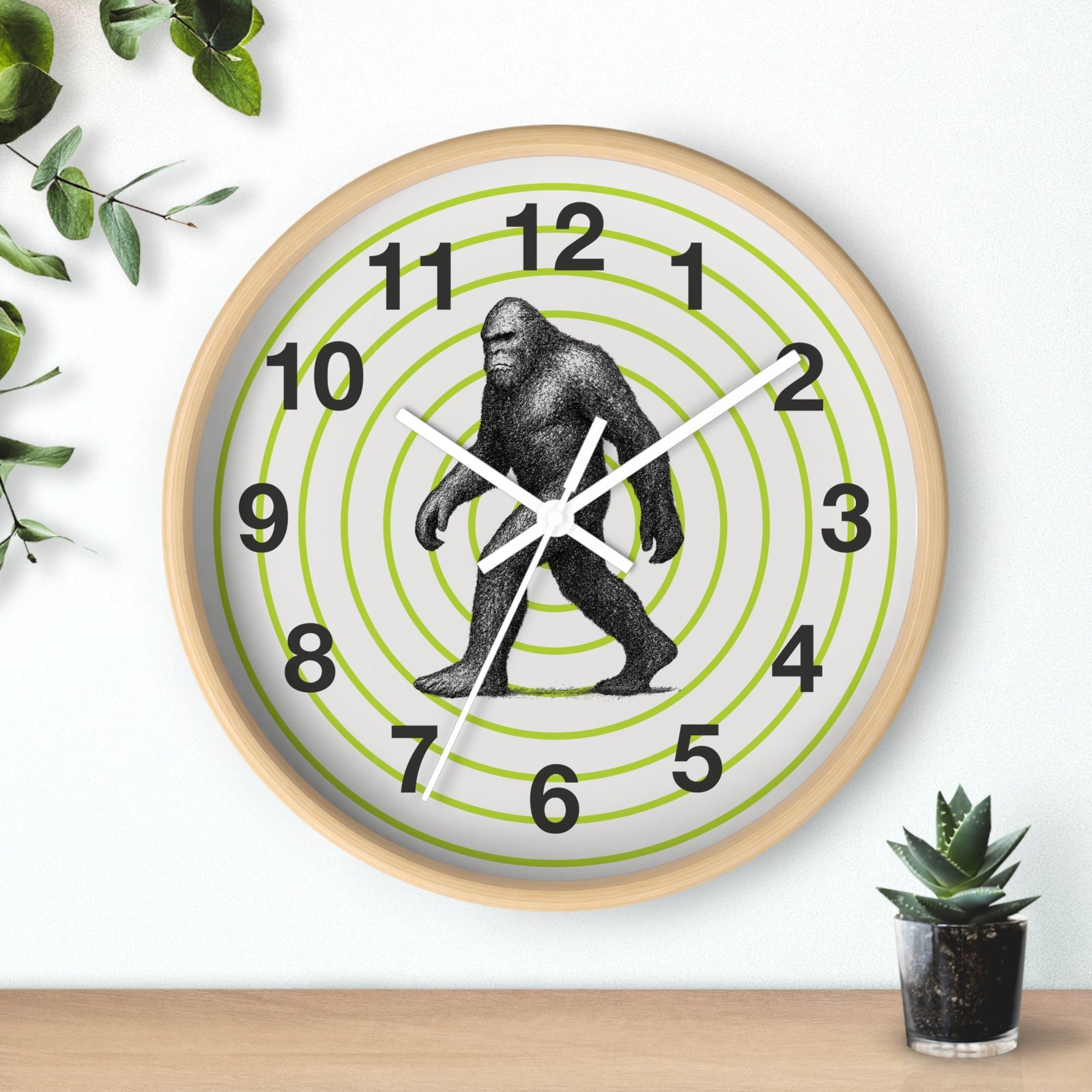 pointillism bigfoot wall clock | artistic sasquatch clock with green concentric circles | modern conversation starter home décor pointillism bigfoot wall clock | artistic sasquatch clock with green concentric circles | modern conversation starter home décor