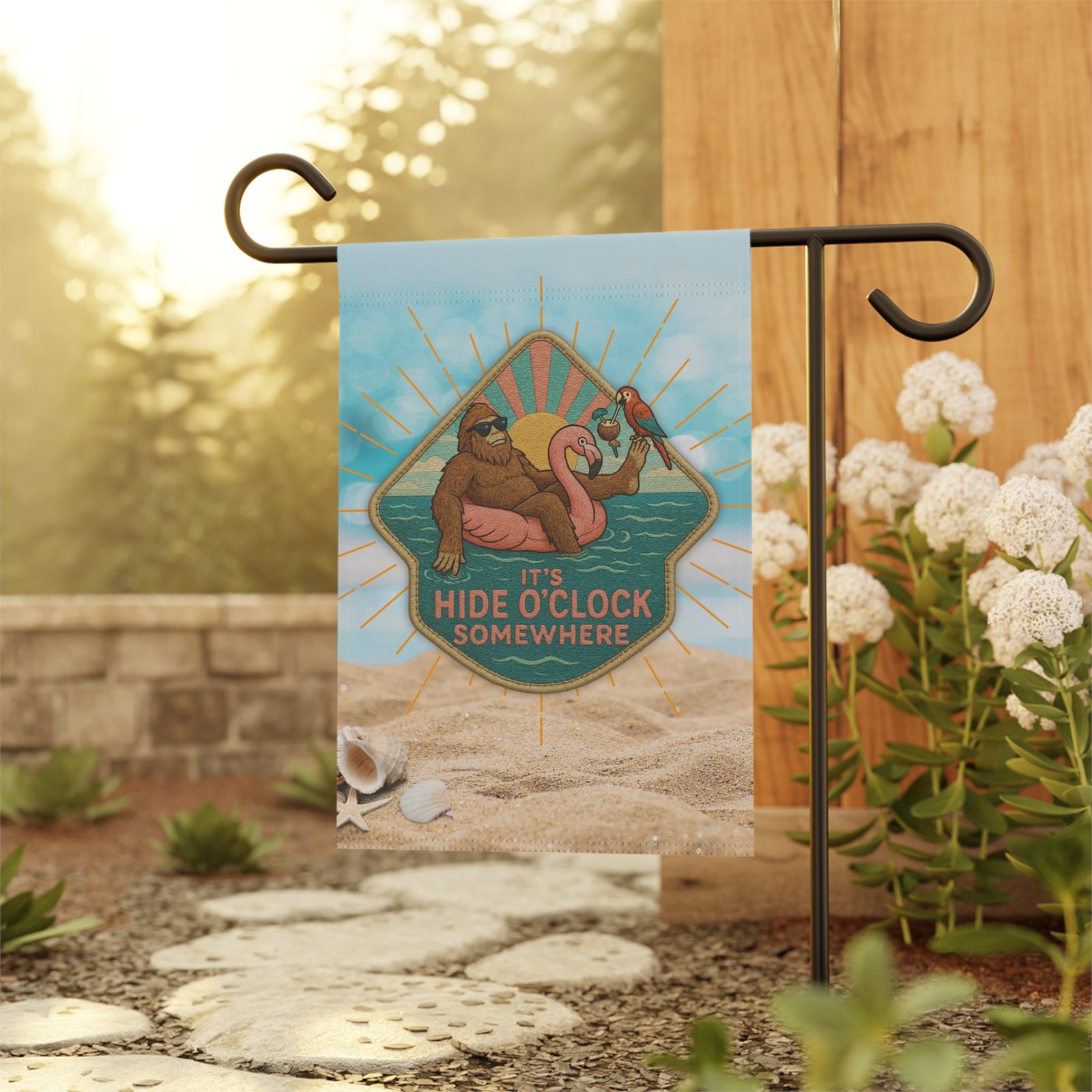 hide oclock somewhere bigfoot tropical beach garden flag 12' x 18', double sided (flag only) hide oclock somewhere bigfoot tropical beach garden flag 12' x 18', double sided (flag only)