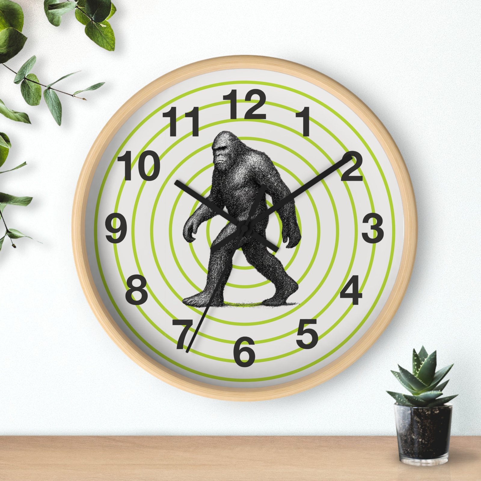 pointillism bigfoot wall clock | artistic sasquatch clock with green concentric circles | modern conversation starter home décor pointillism bigfoot wall clock | artistic sasquatch clock with green concentric circles | modern conversation starter home décor