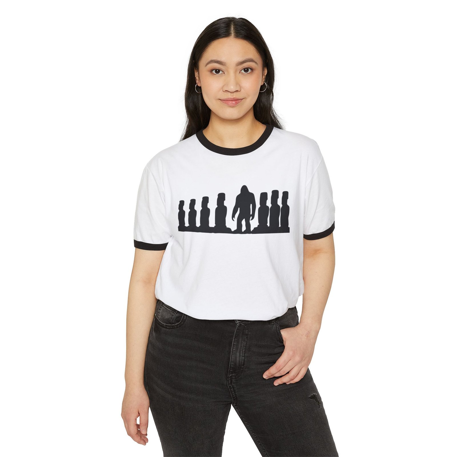 bigfoot x moai silhouette ringer tee | its hide oclock retro cryptid shirt | unisex classic fit with contrast collar | 3 colors available bigfoot x moai silhouette ringer tee | its hide oclock retro cryptid shirt | unisex classic fit with contrast collar | 3 colors available