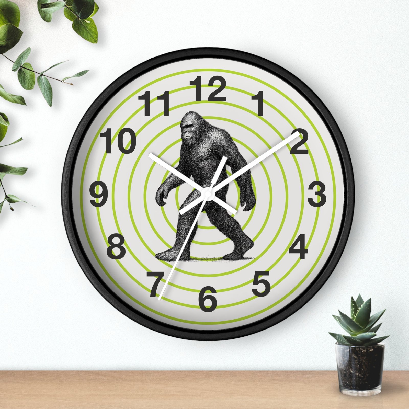 pointillism bigfoot wall clock | artistic sasquatch clock with green concentric circles | modern conversation starter home décor pointillism bigfoot wall clock | artistic sasquatch clock with green concentric circles | modern conversation starter home décor