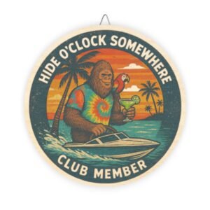 hide oclock somewhere club member sign | bigfoot speedboat wooden wall art | parrothead beach décor | coastal beach house gift