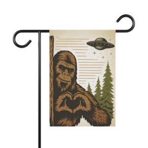 bigfoot heart hands ufo 12 x 18" garden flag | retro striped outdoor banner | campsite, garden, home decor conversation starter