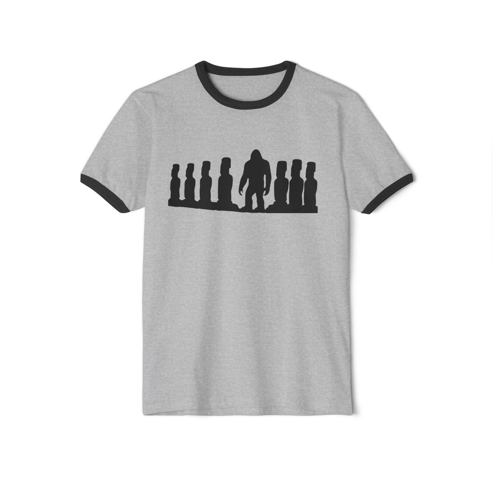 bigfoot x moai silhouette ringer tee | its hide oclock retro cryptid shirt | unisex classic fit with contrast collar | 3 colors available bigfoot x moai silhouette ringer tee | its hide oclock retro cryptid shirt | unisex classic fit with contrast collar | 3 colors available