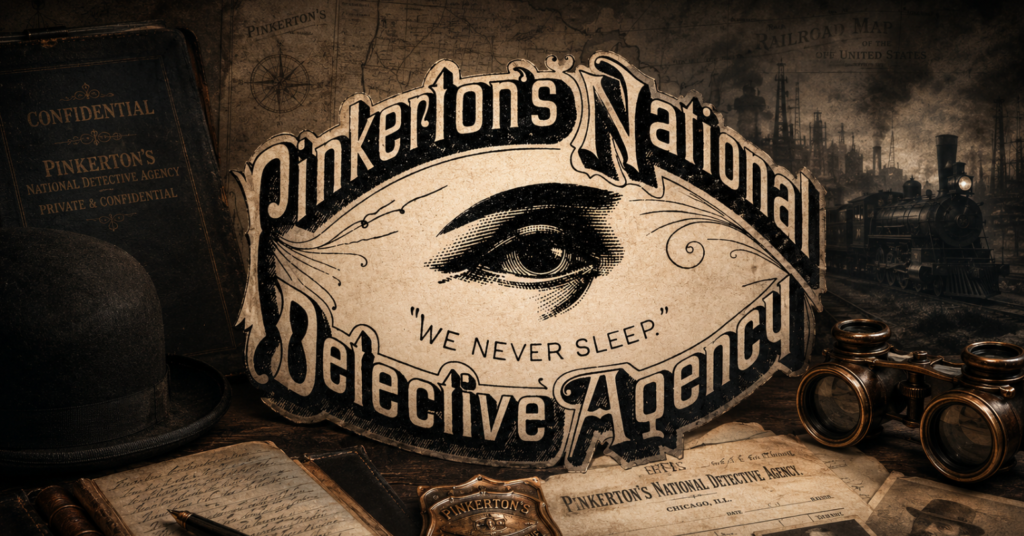 Vintage featured image of the Pinkerton Agency logo with the open eye and “We Never Sleep” motto, surrounded by detective records, railroads, and archival documents.